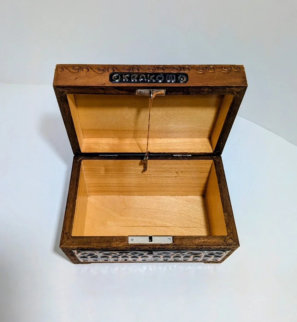 Vintage Kraków Wooden Box Castle Motif Metal Inlay Souvenir with Matching Key